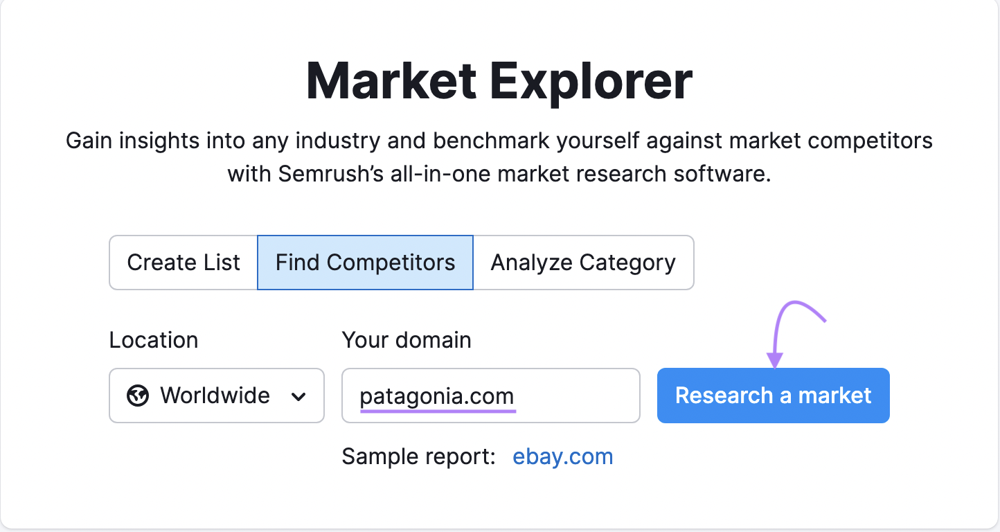 "Find Competitors" selected in Market Explorer tool