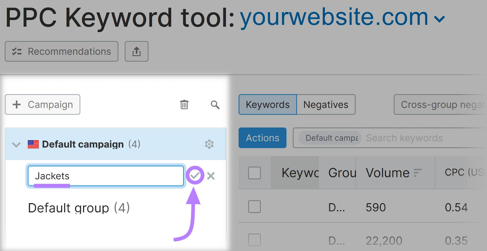 'Jackets' added as the keywords group name in Semrush PPC Keyword Tool