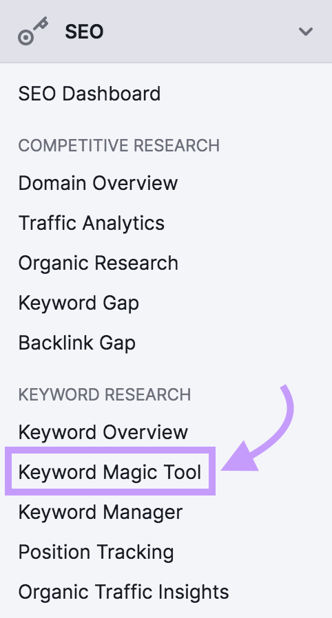 Navigating to “Keyword Magic Tool” in Semrush dashboard