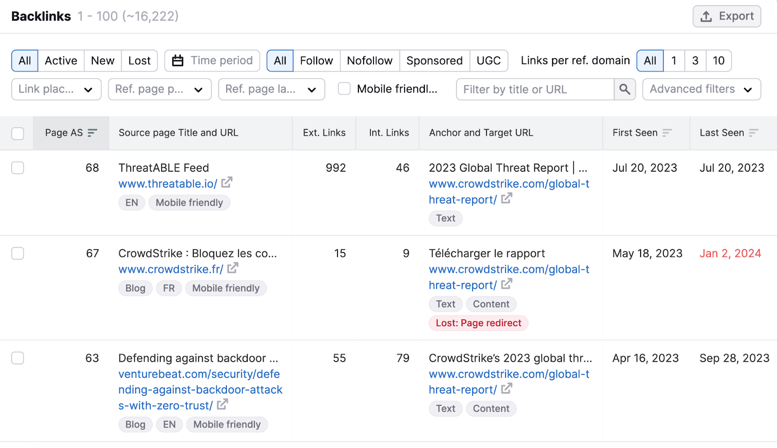 "Backlinks" tab in the Backlink Analytics tool