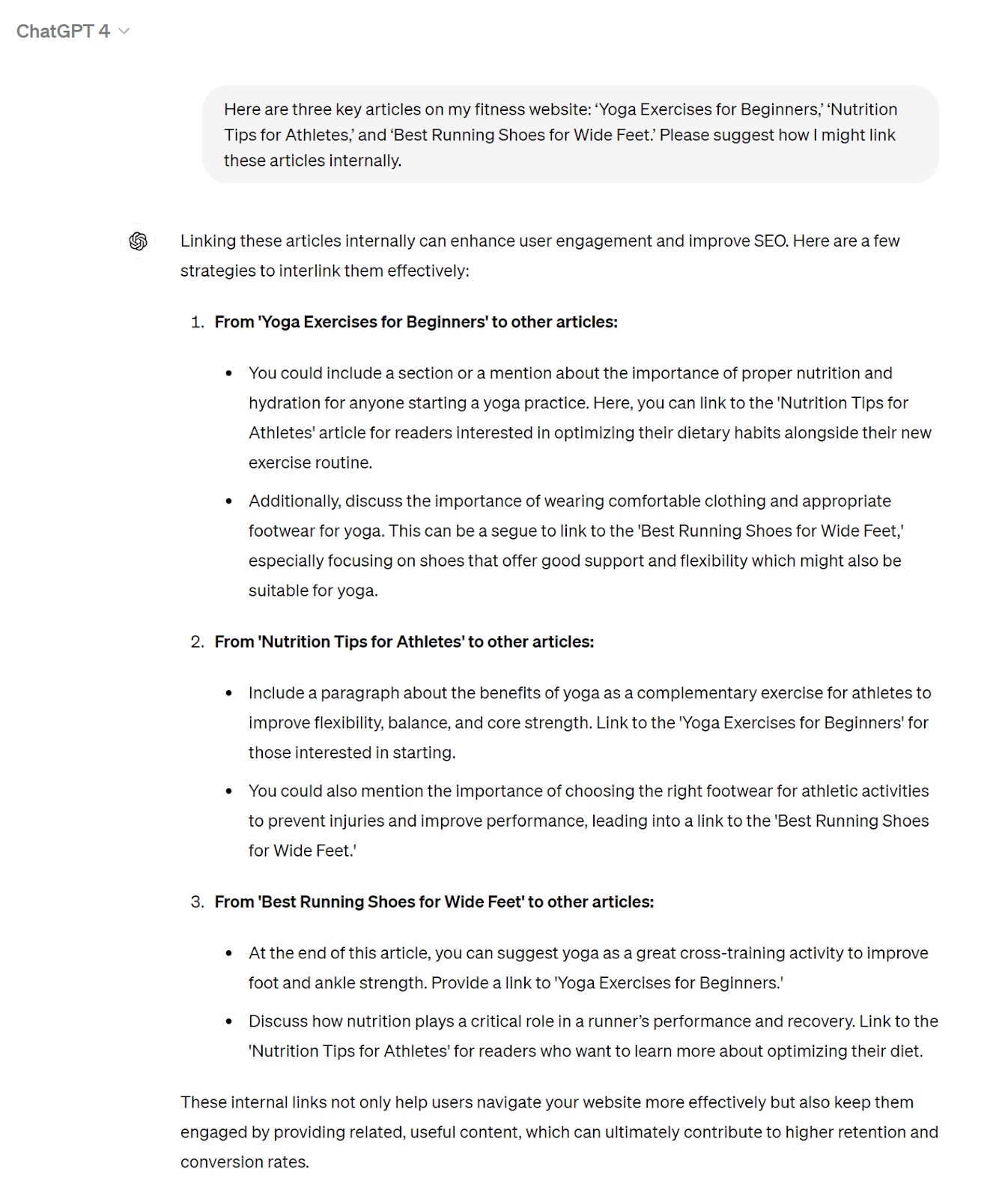 ChatGPT response to internal link suggestion ideas request.
