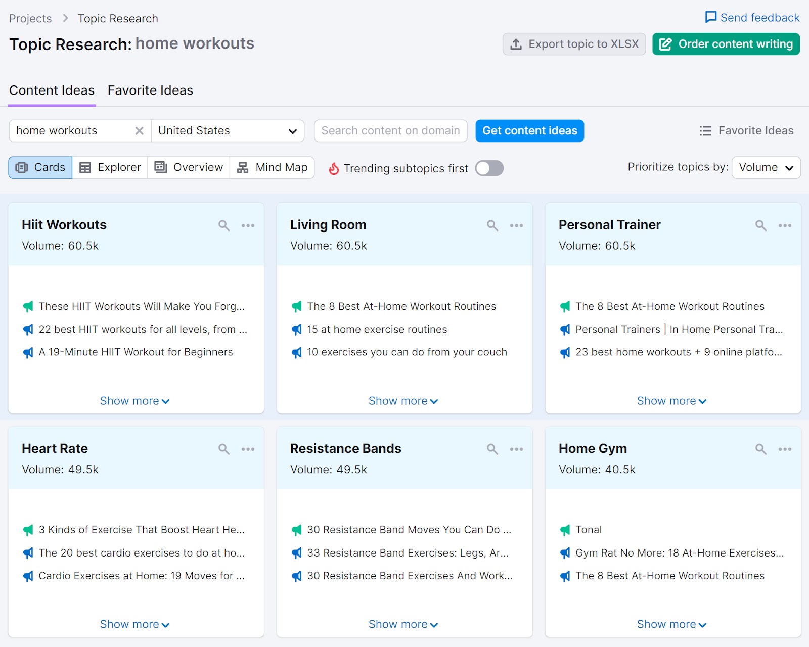 Content ideas dashboard in Topic Research tool