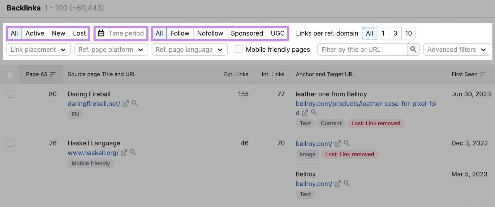 Backlinks section with Filter option tabs highlighted