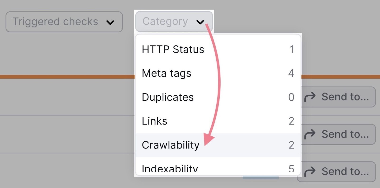 Site Audit issues with the “Category” drop-down opened and and “Crawlability” clicked