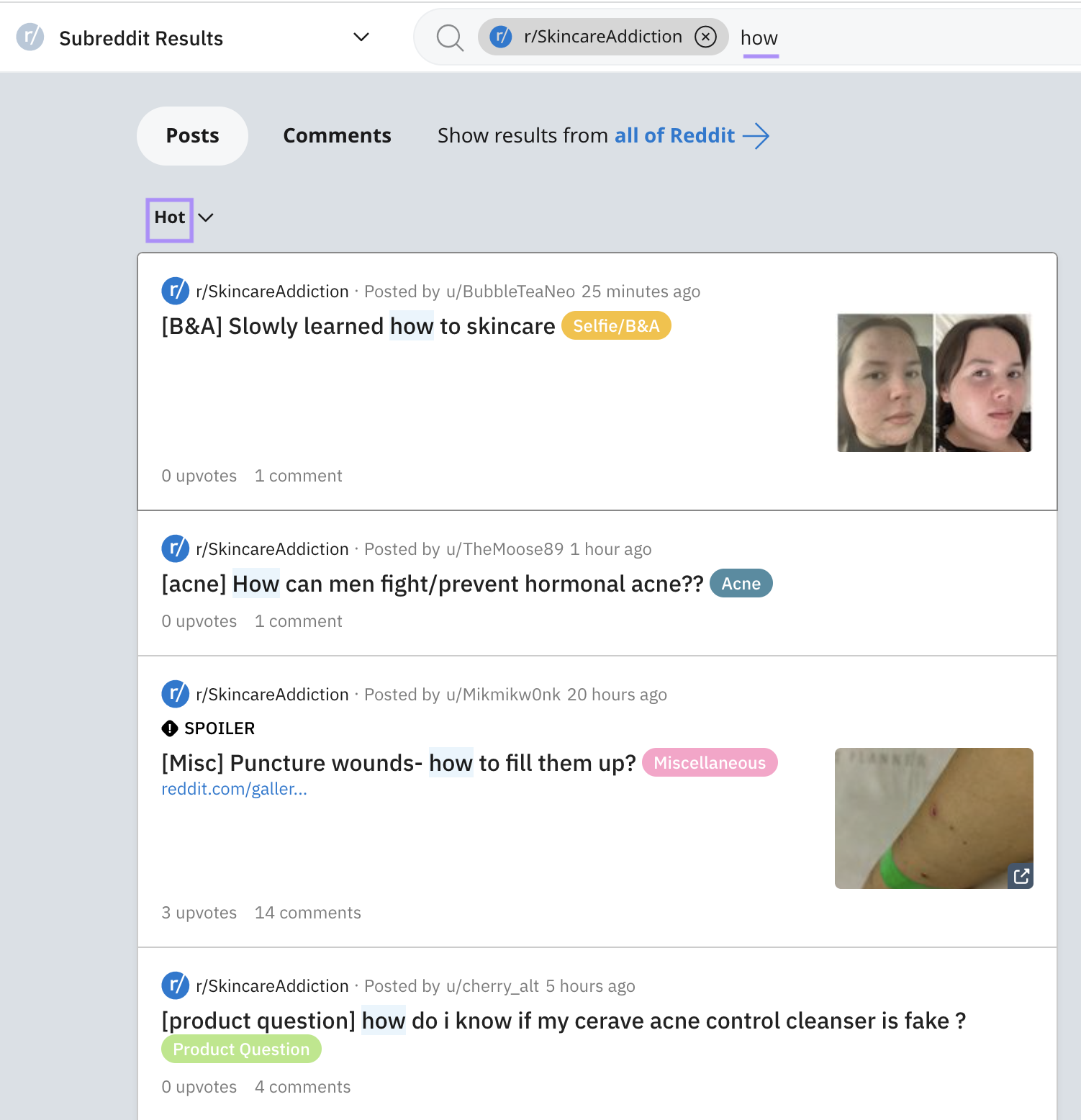 Subreddit Results page for “how” with "Hot" filter applied