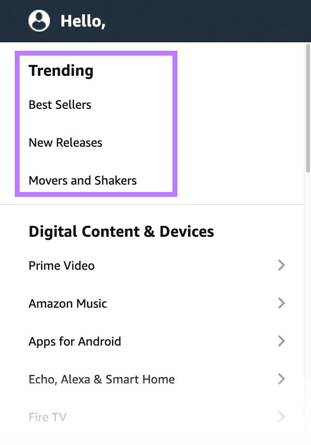 "Trending" section of Amazon’s menu