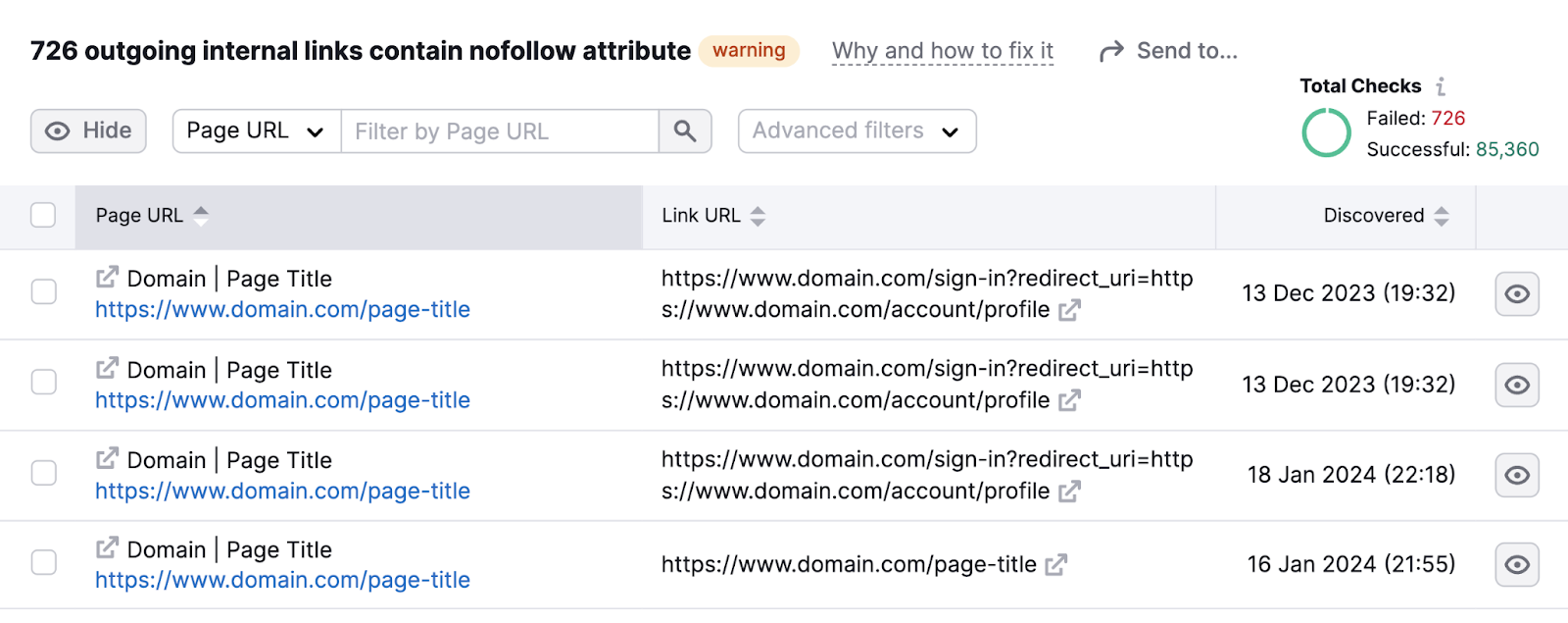 A full list of pages where nofollow internal links were found