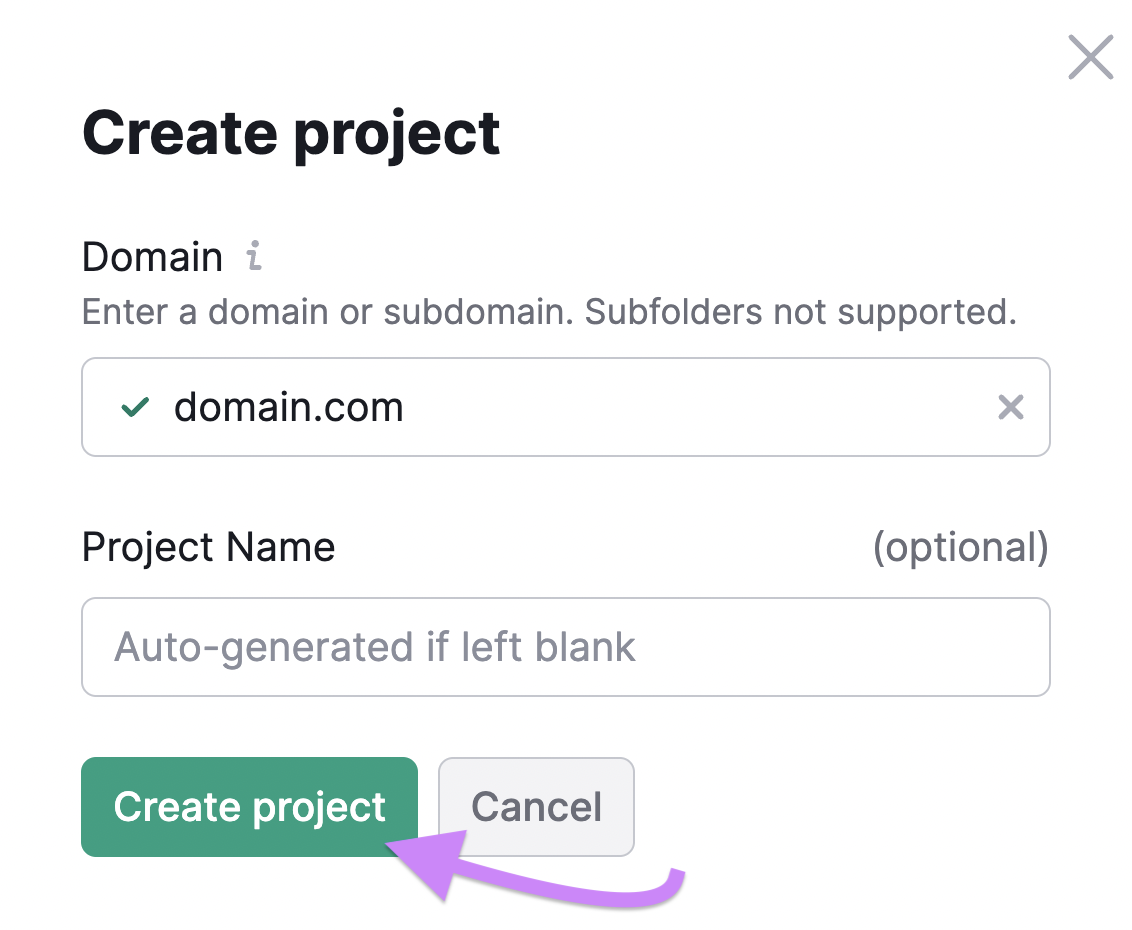 "Create project" pop-up window in Site Audit tool