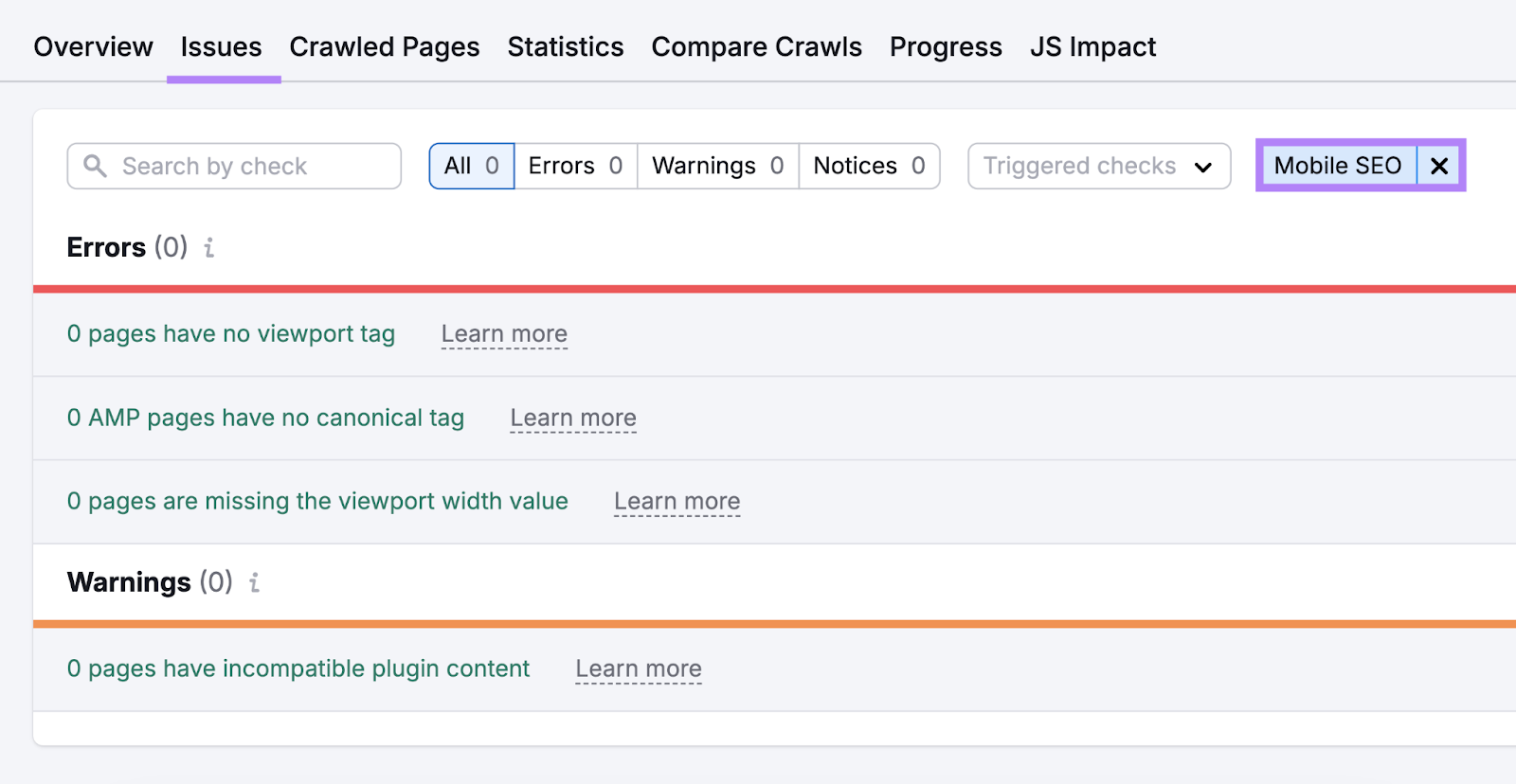search for mobile seo issues in site audit show things like no viewport tag, amp page issues, incompatible plugin content