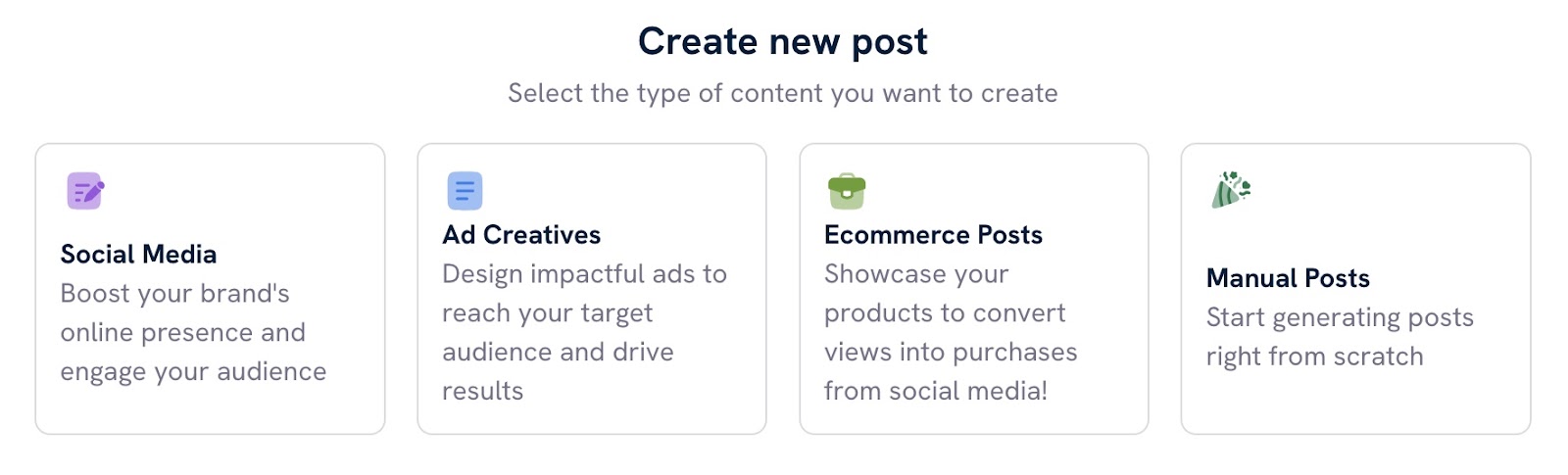 "Create new post" window on AI Social Content Generator with options including social media, ad creatives, ecommerce posts and manual posts.