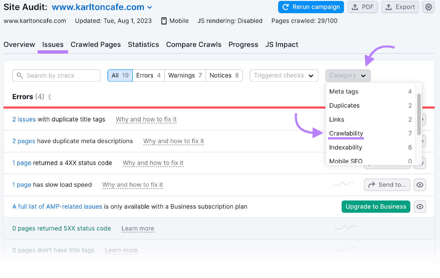 filter “Crawlability” in the “Category” drop-down menu in Site Audit tool