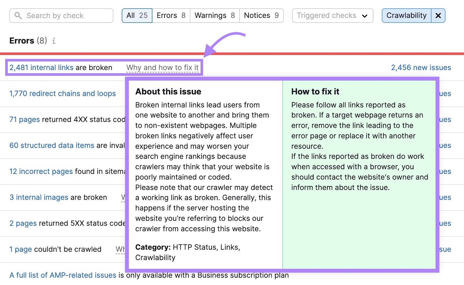 Crawlability issues with “Why and how to fix it” next to broken internal link issues clicked, showing tips on how to resolve the issue.