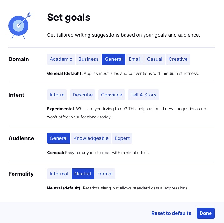 "Set goals" screen in Grammarly