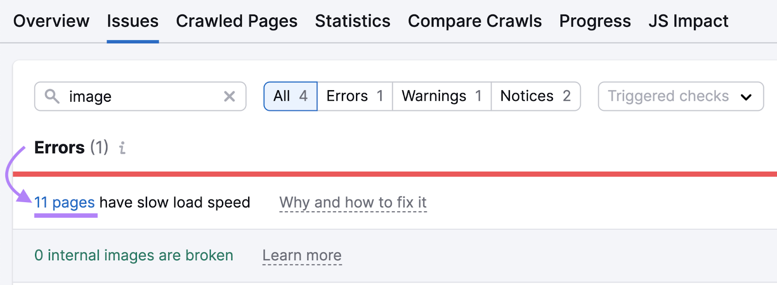 site audit links to 11 pages that have slow load speed