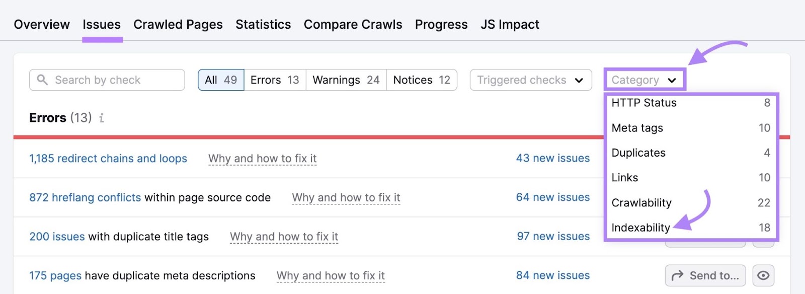 "Issues" tab on Site Audit with the "Category" dropdown opened and "Indexability" clicked