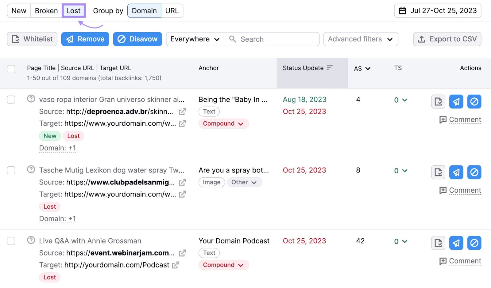 "Lost" table in Backlink Audit tool