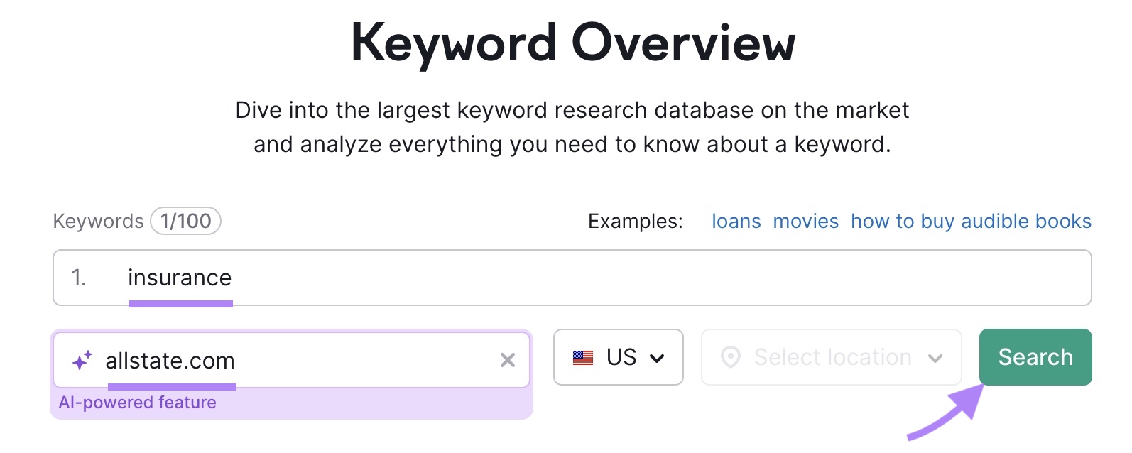 "Keyword Overview" tool with "insurance" entered as the search term, "allstate.com" as the domain, and "Search" clicked.