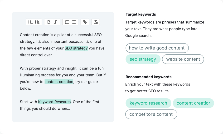 SEO suggestions including a list of recommended keywords to use on SEO Writing Assistant.