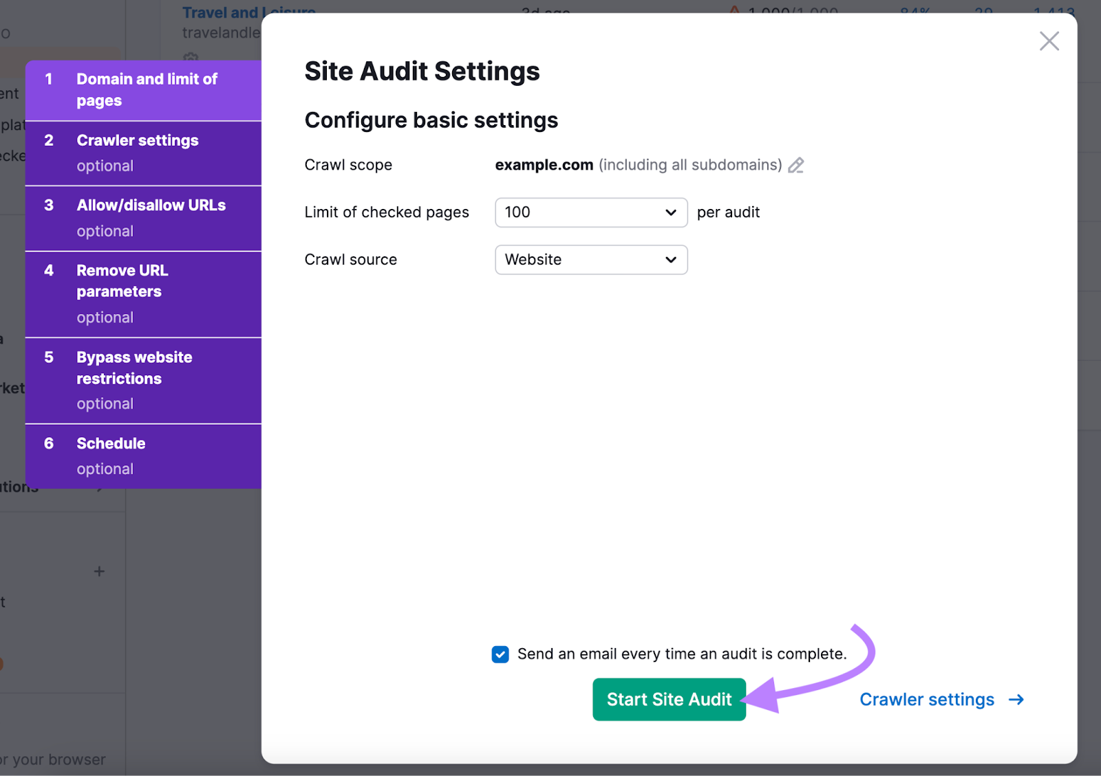 “Start Site Audit" button highlighted