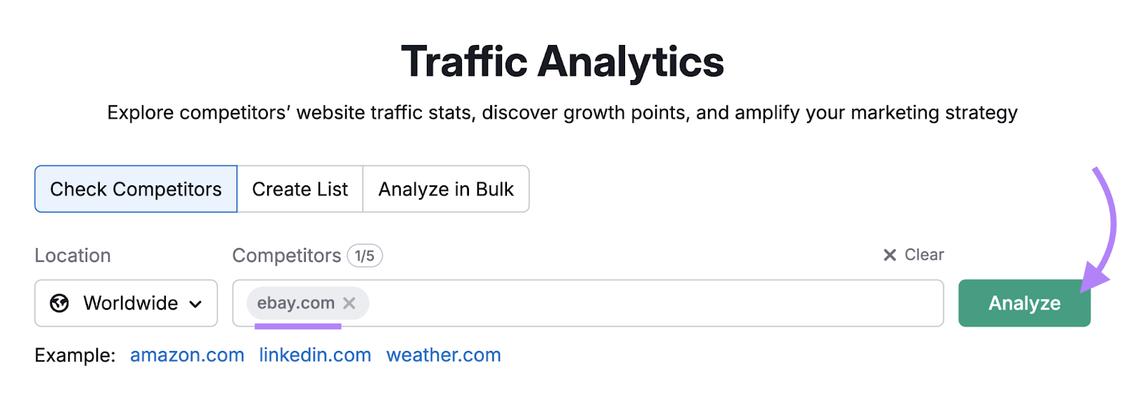 domain entered into Traffic Analytics tool