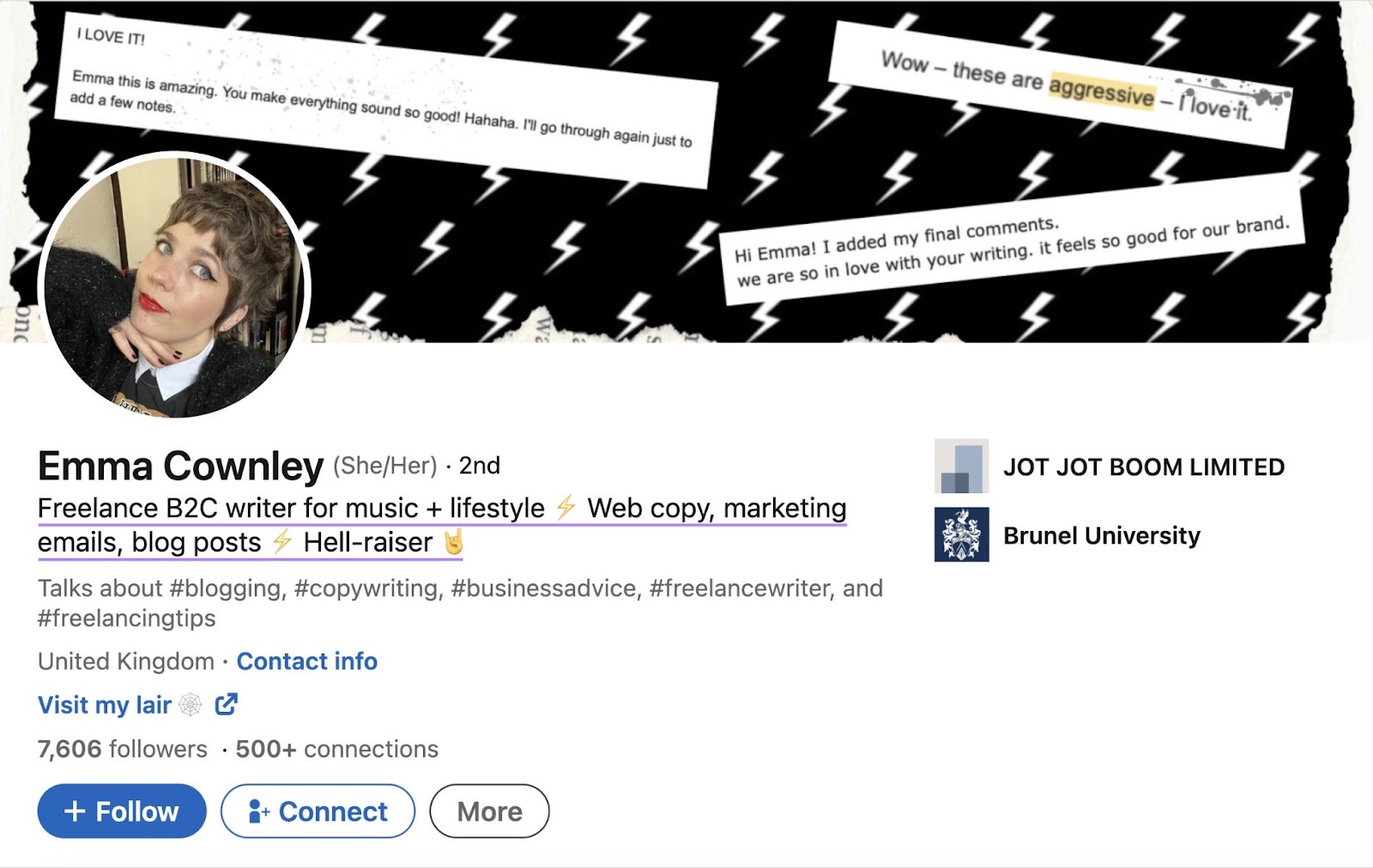 A freelance B2C writer Emma Cownley’s LinkedIn profile