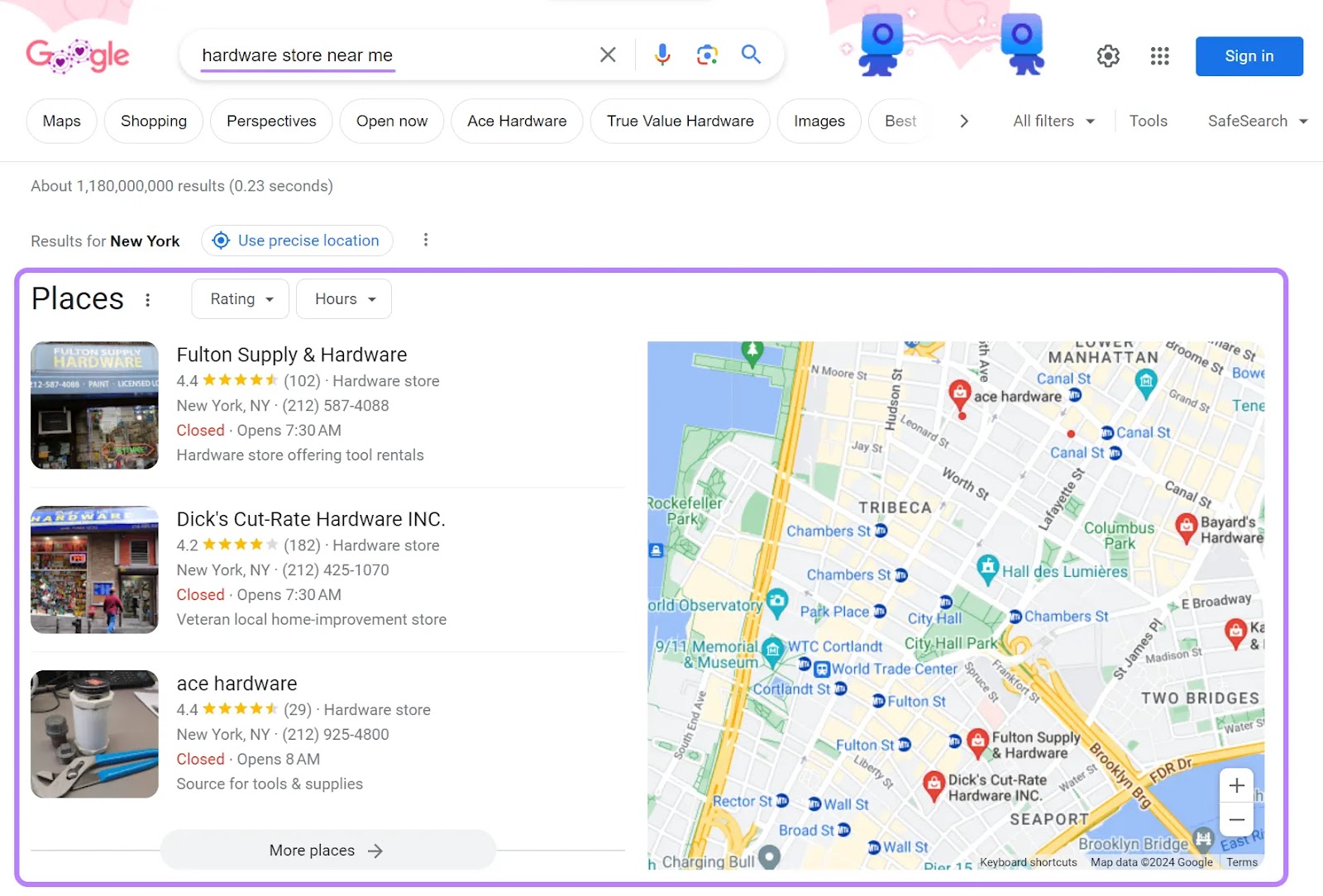 Google's local pack results for "hardware store near me" query
