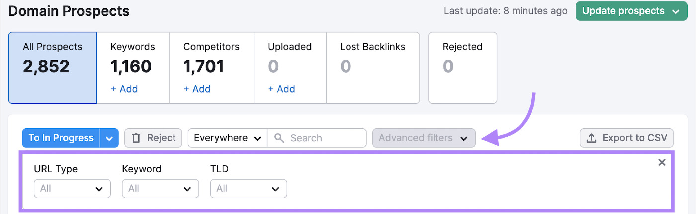 advanced filters in "Domain Prospects" report highlighted