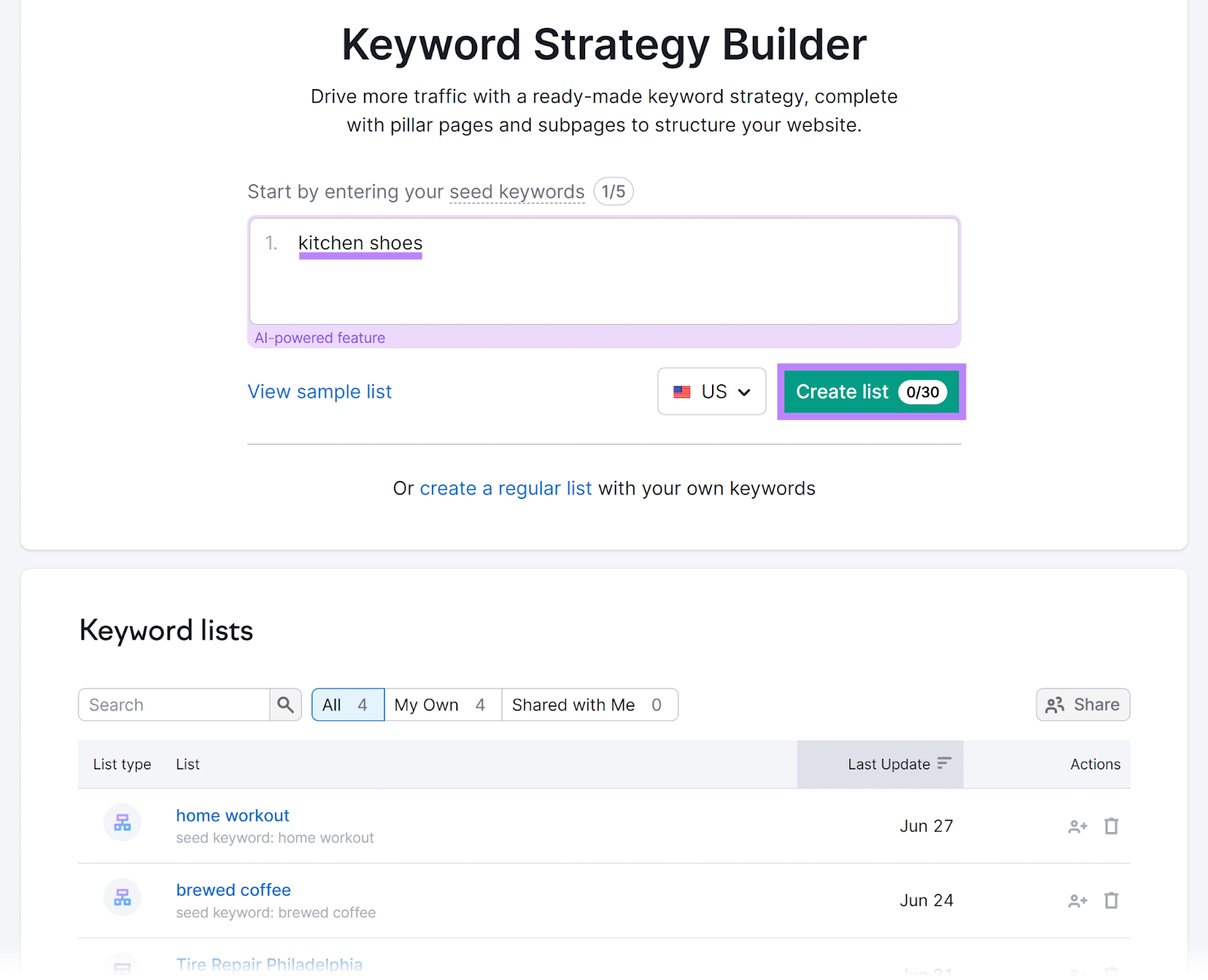 Semrush Keyword Strategy Builder start page with keyword entered and Create list button highlighted