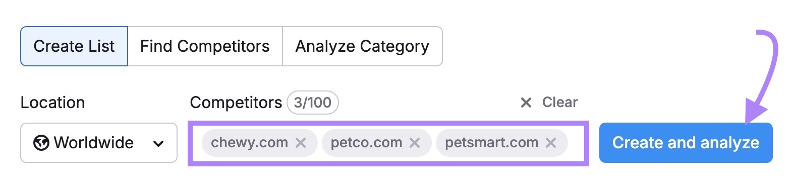 Market Explorer tool start with three competitors entered and the "Create and analyze" button clicked.