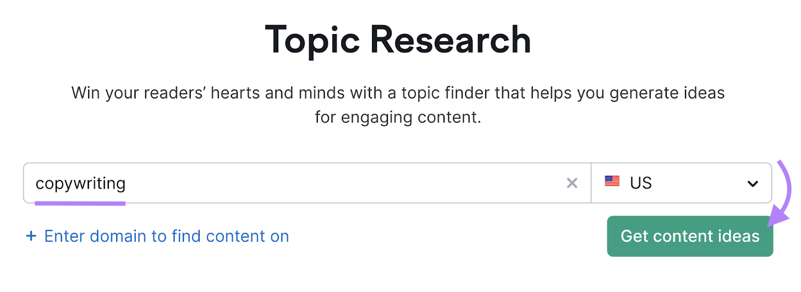 Entering "copywriting" into the Topic Research tool search bar