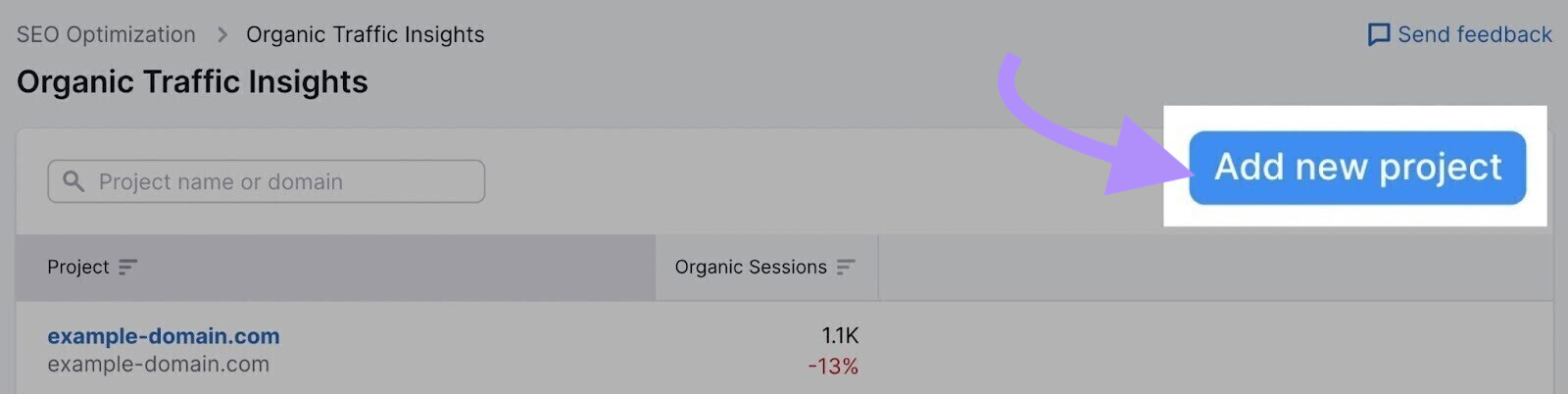 "Add new project button" in Organic Traffic Insights