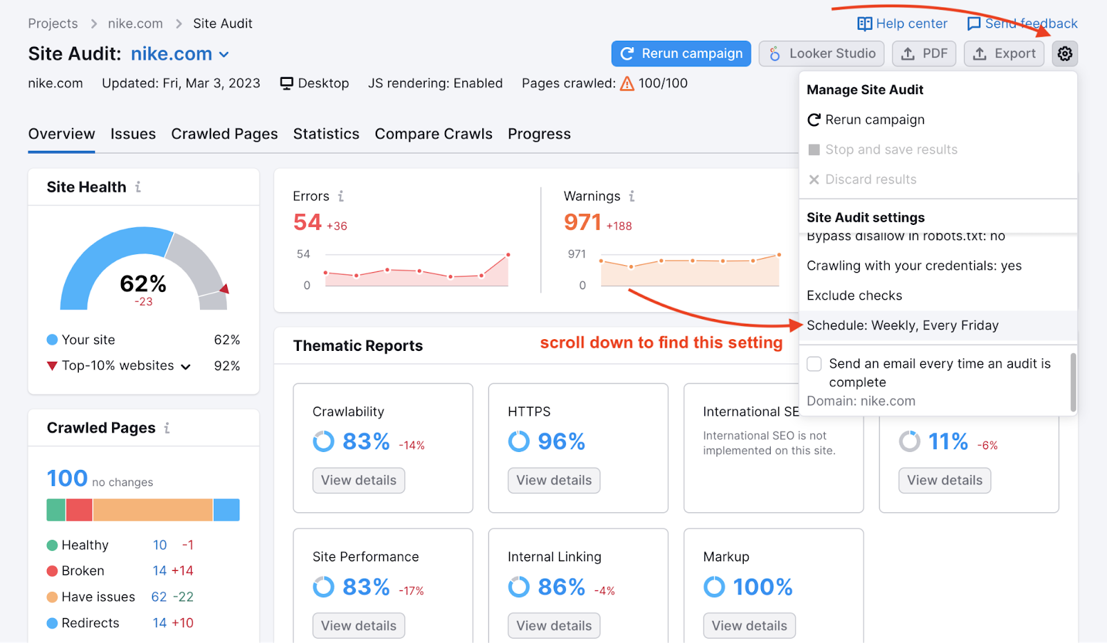 Site Audit overview dashboard