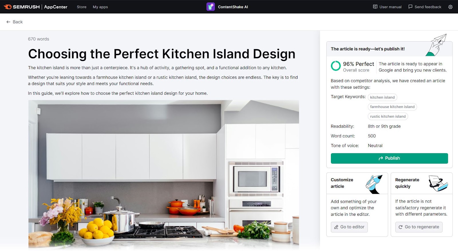 ContentShake AI dashboard showing AI generated content for Kitchen Island Design topic.