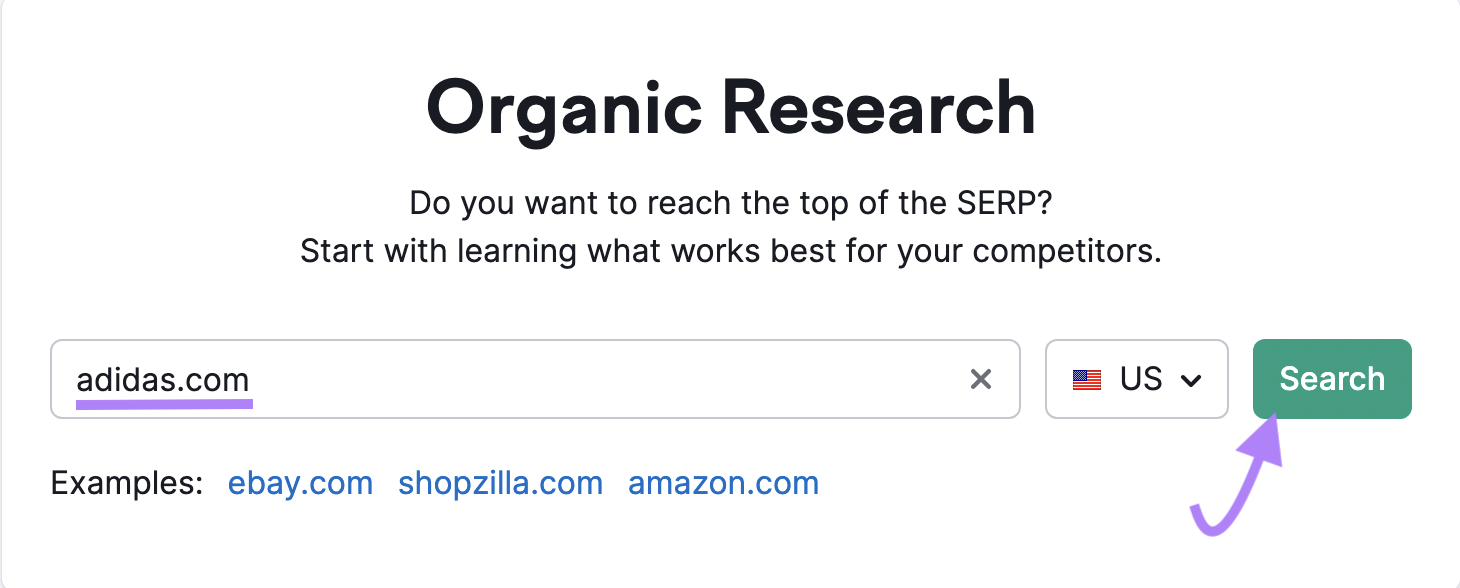 "adidas.com" entered into Organic Research tool search bar