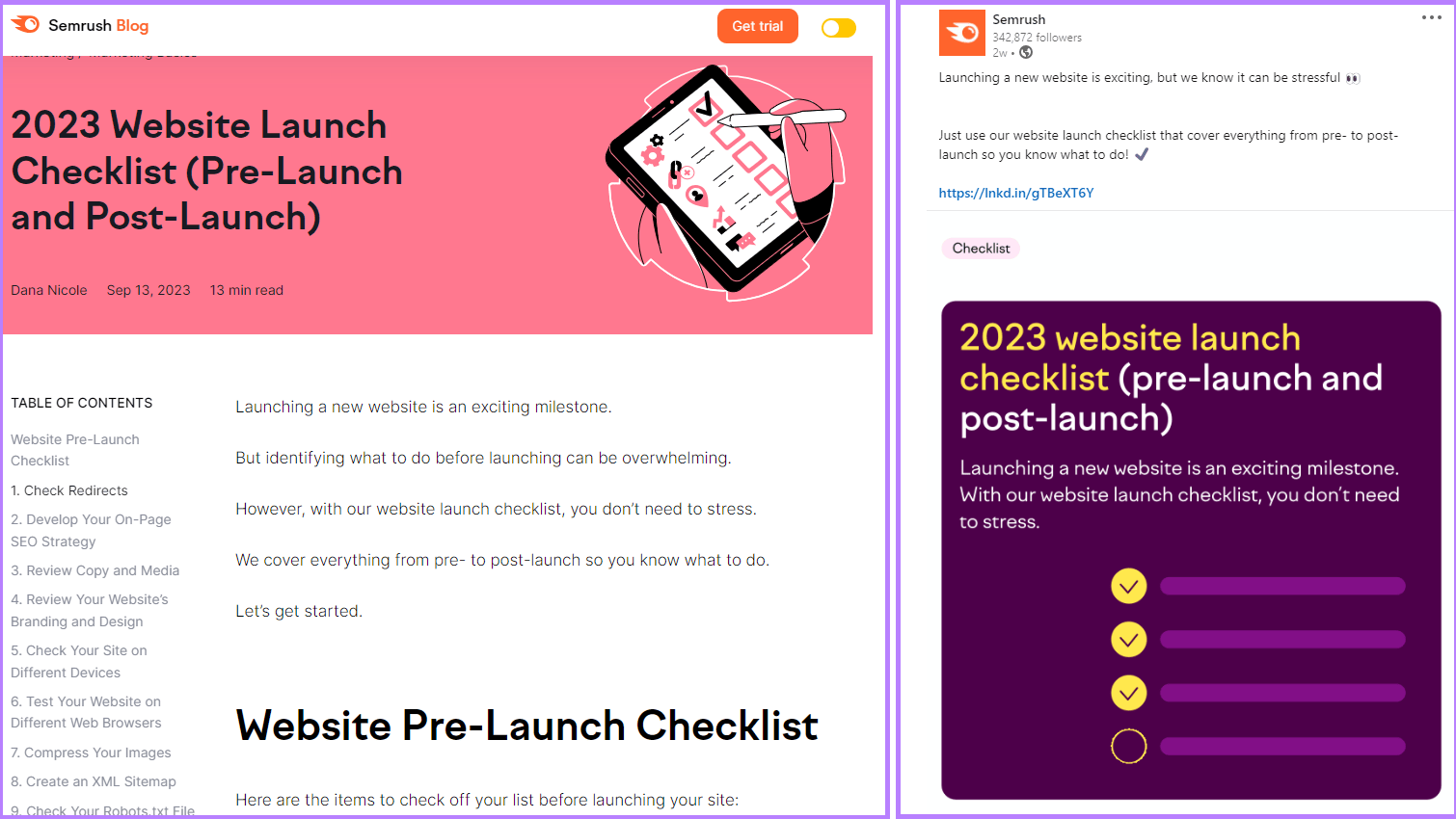Semrush's blog post about launching a website (left) and LinkedIn post (right)
