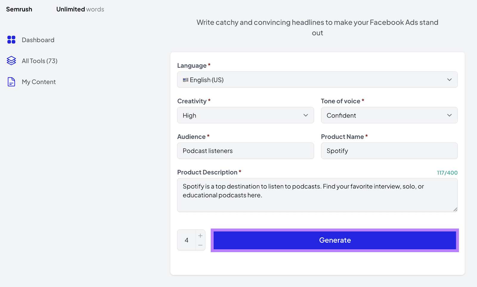 Prompt configured and 'Generate' button highlighted in Semrush AI Writing Assistant