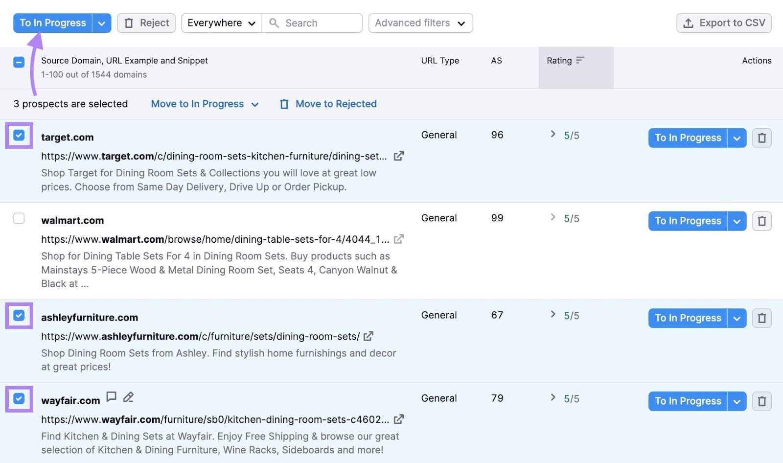 move the domains you want to approach for backlinks to "to in progress"