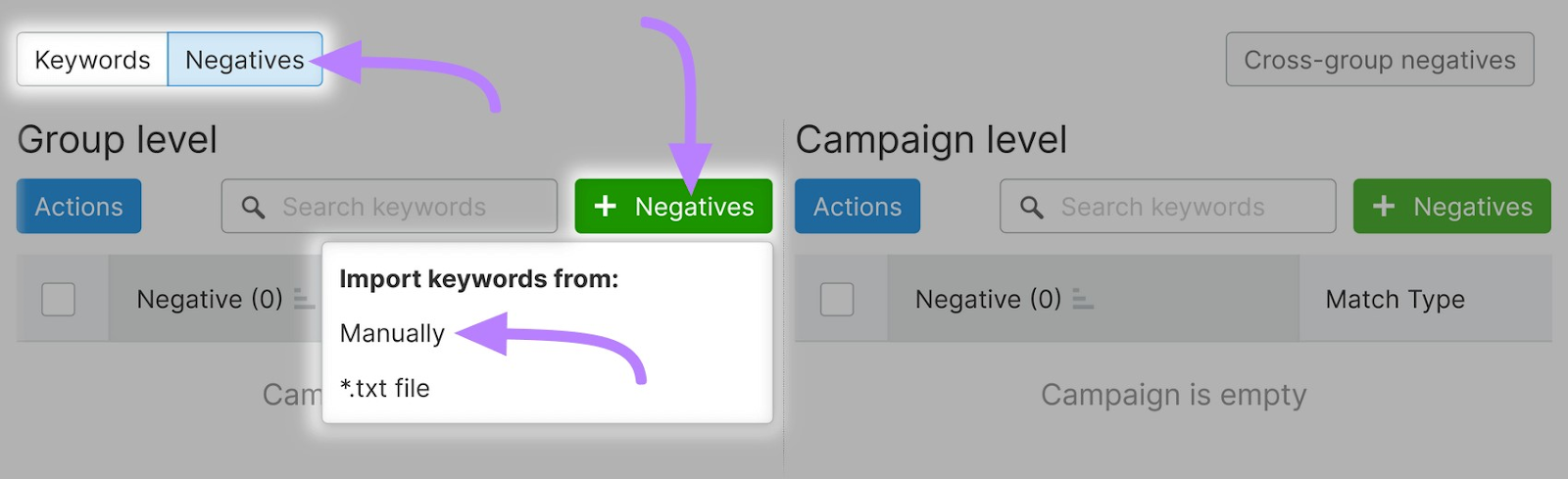 'Manually' highlighted from '+ Negatives' drop-down in Semrush PPC Keyword Tool