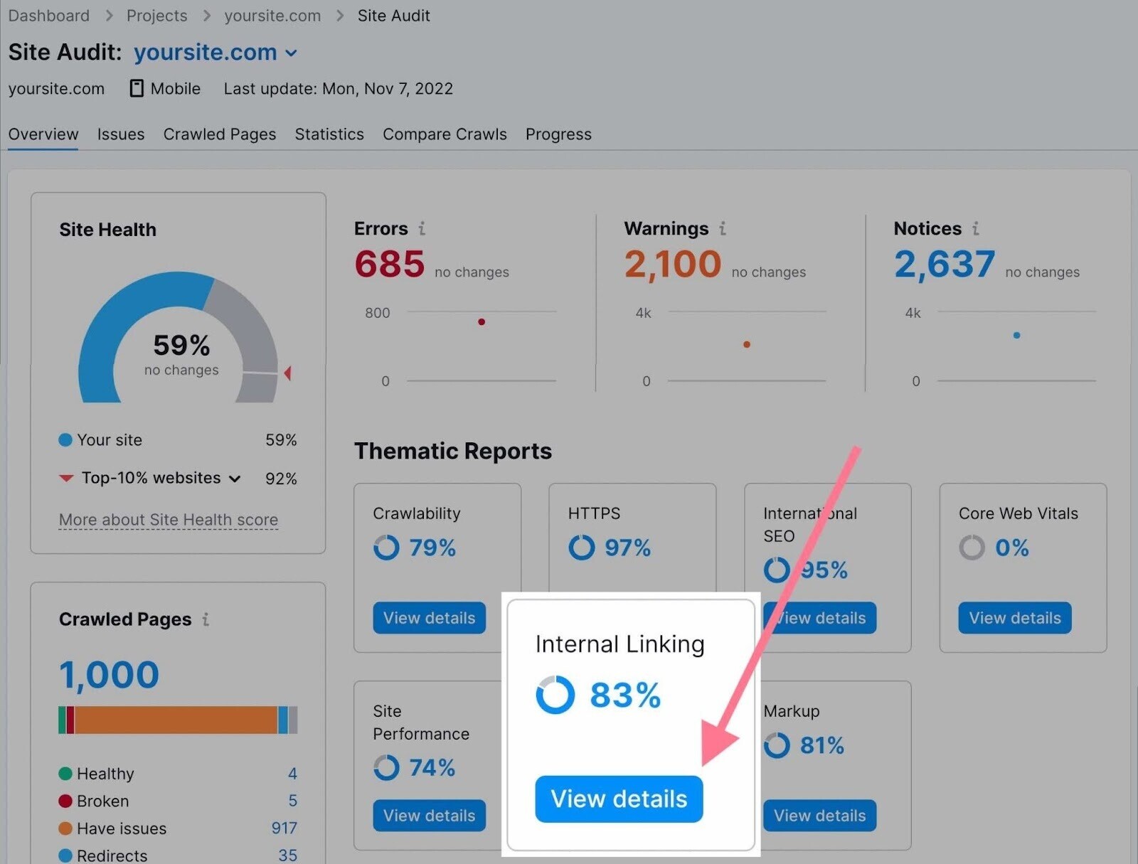 "Internal linking" on Site Audit highlighted and clicked