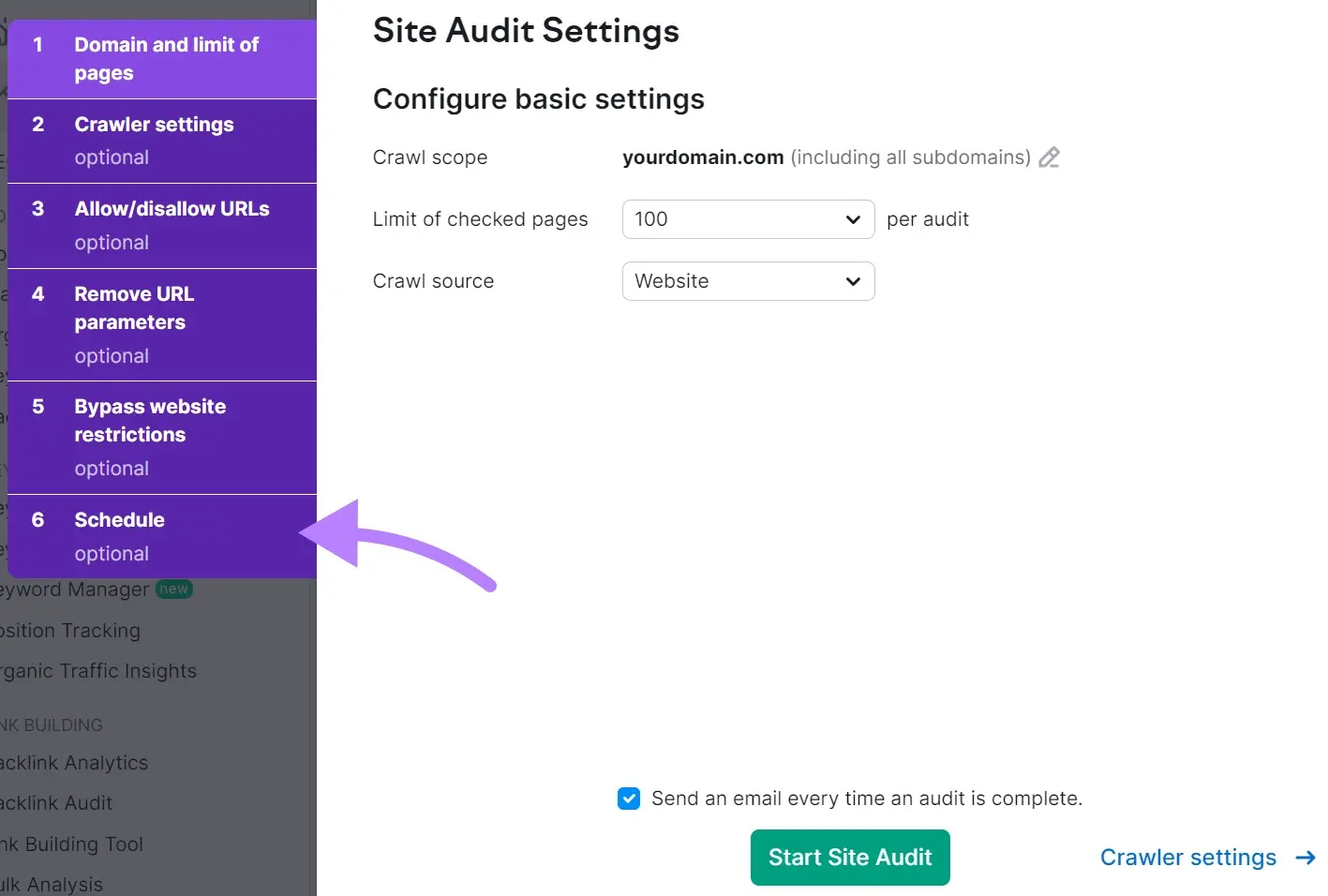 site audit setup with Schedule option highlighted