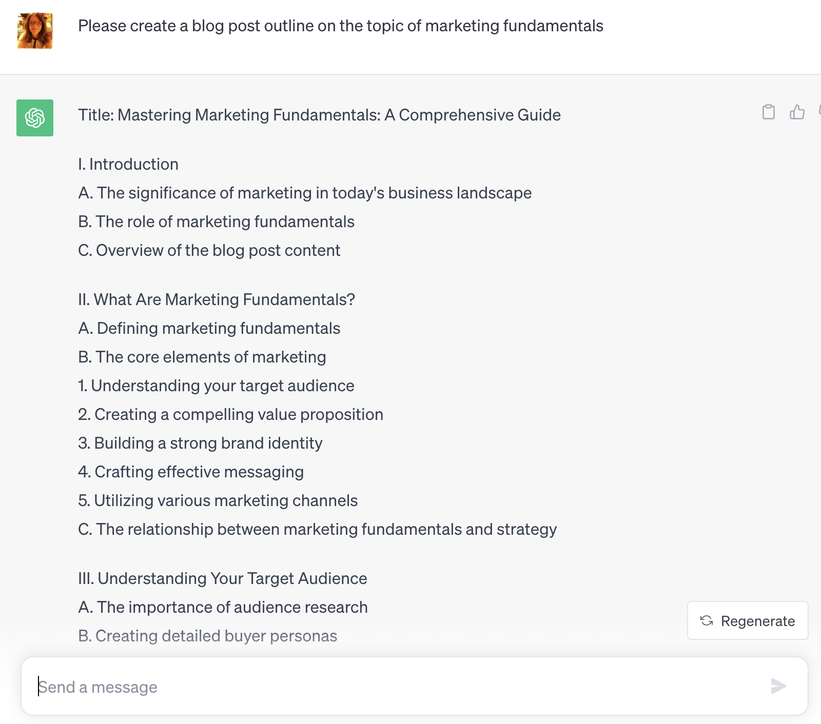 ChatGPT's response to "Please create a blog post outline on the topic of marketing fundamentals" prompt