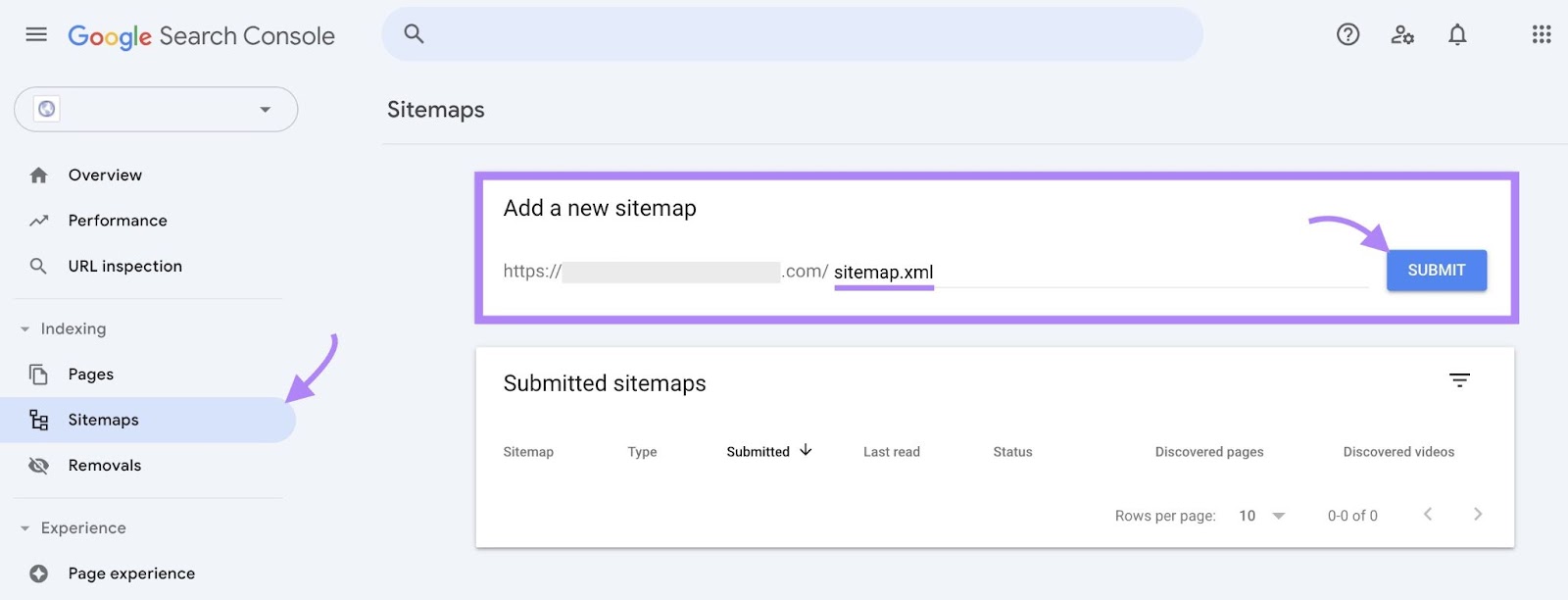 "Sitemaps" on Google Search Console with "Add a new sitemap" highlighted, a sitemap URL entered, and "Submit" clicked