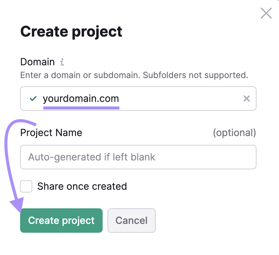 "Create project" pop-up window in Semrush