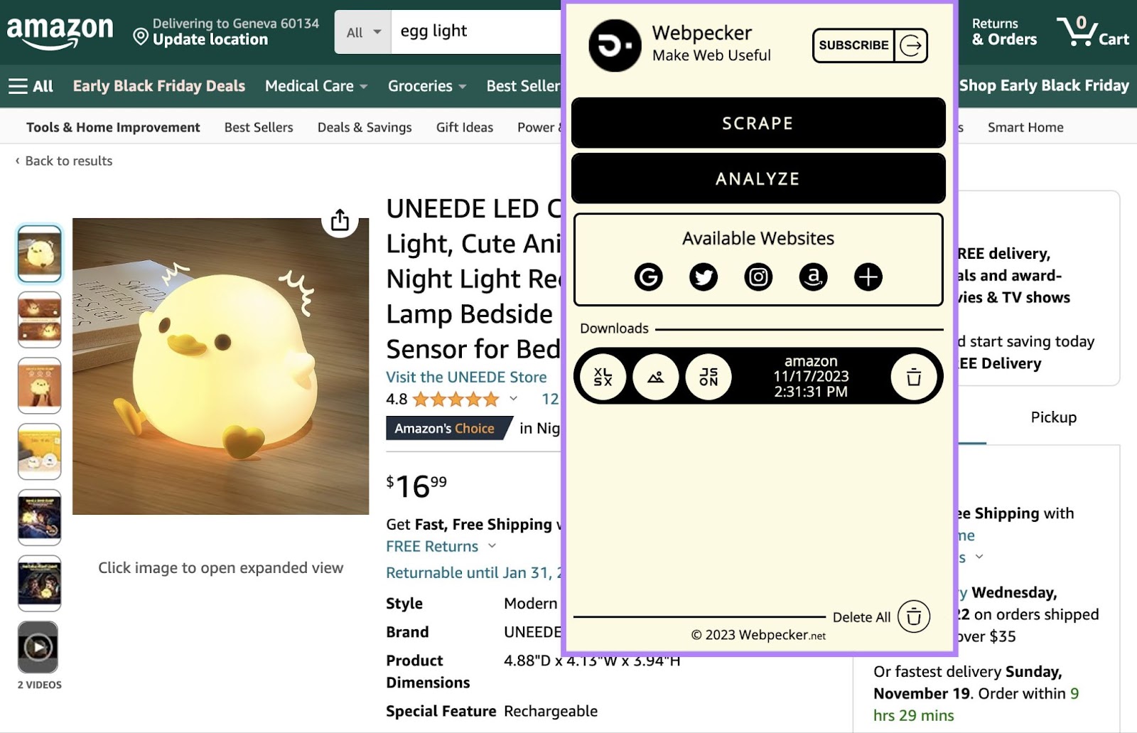 Webpecker extension opened on Amazon's site