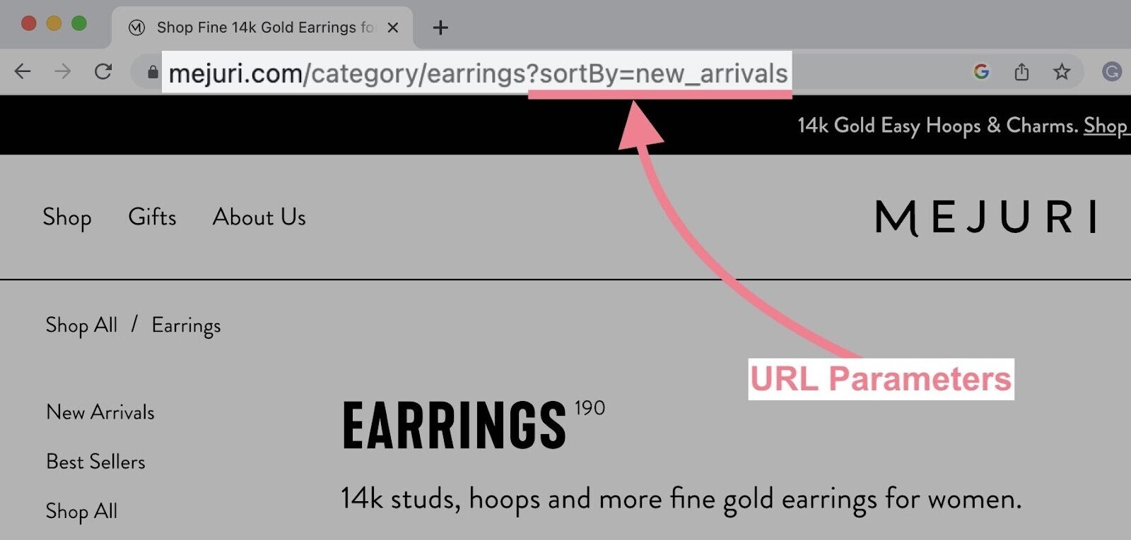 the URL parameter on a product page URL of "Mejuri" highlighted