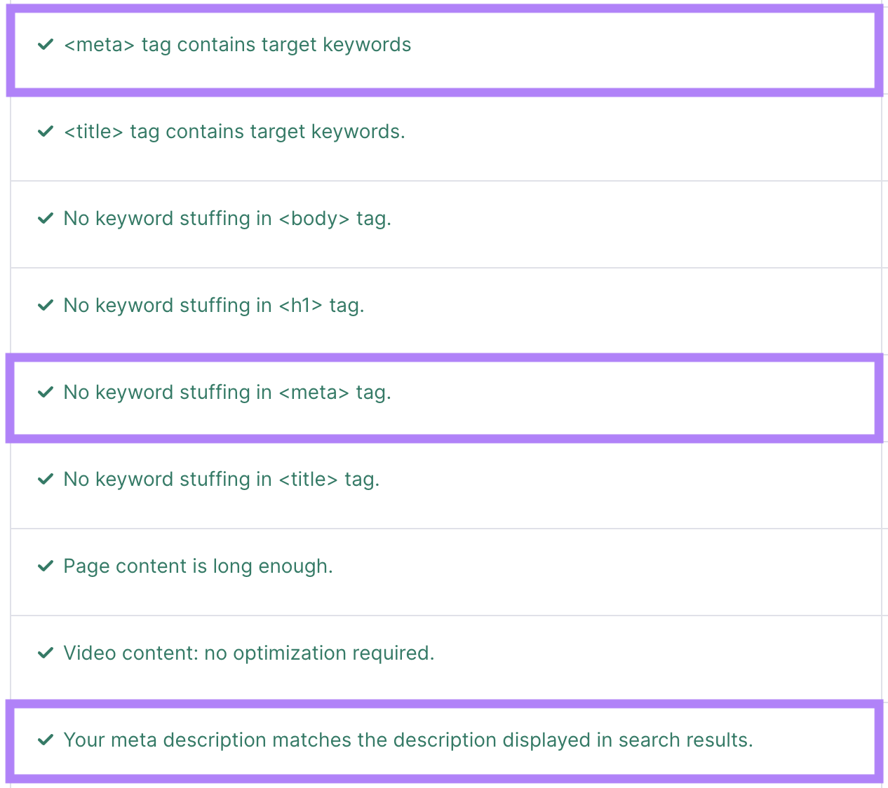 On Page SEO Checker found "meta tag contains target keywords" and "no keyword stuffing in meta tag"