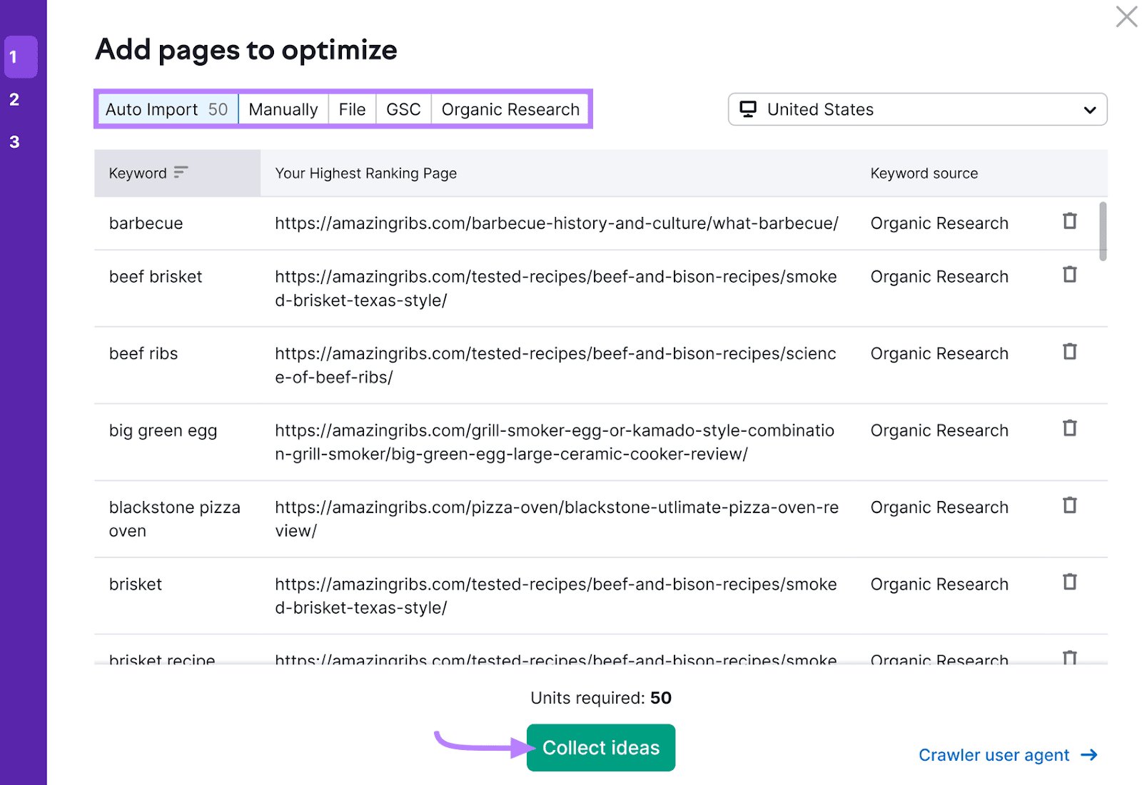 Tool interface with options for importing pages to optimize, list of keywords paired with them, and "Collect ideas" button.