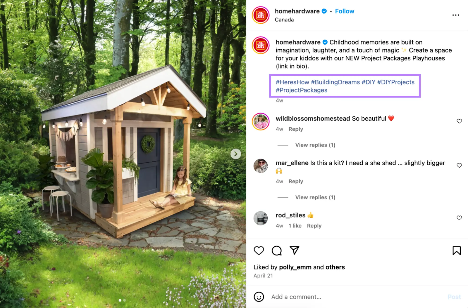 "Home Hardware" Instagram post with the hashtag area highlighted.