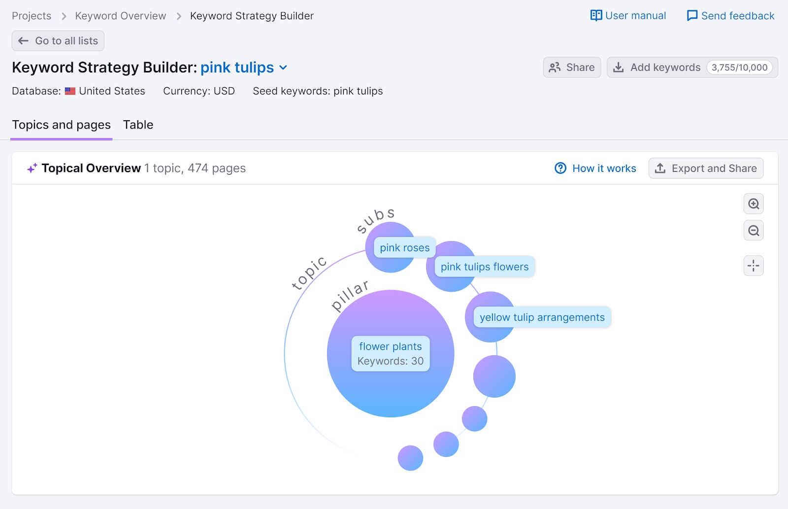 "Topics and pages" tab of the Keyword Strategy Builder tool showing the visual map of the topics.