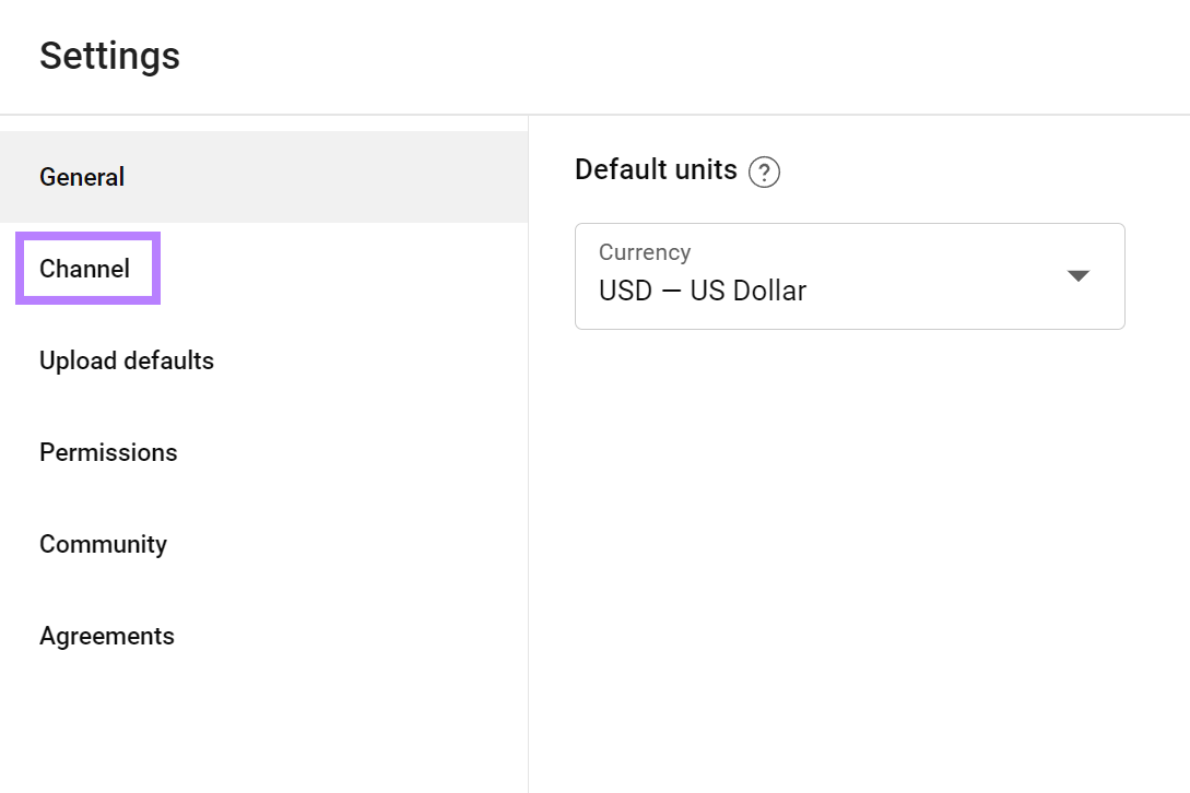 "Channel" option selected under YouTube Studio settings